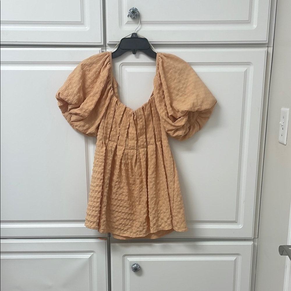 Orange Puff Sleeve Ruffled Blouse